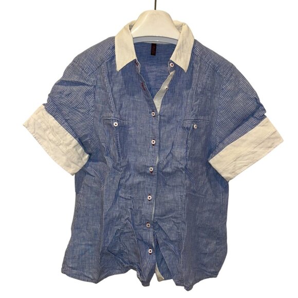 dorm blue white LINEN stripe red contrast detail button down short sleeve top M - Picture 1 of 6